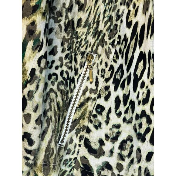 Chico's White Animal Print 100% Linen Zipper Pockets Moto Open Blazer Size 2 - Picture 7 of 11